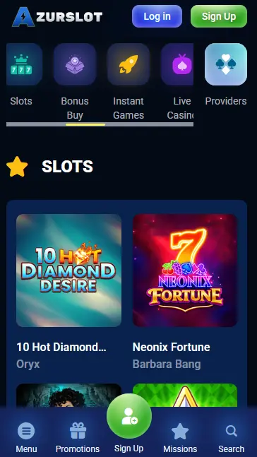 Mobilní verze Azurslot Casino s nabídkou slotů a rychlým menu pro registraci