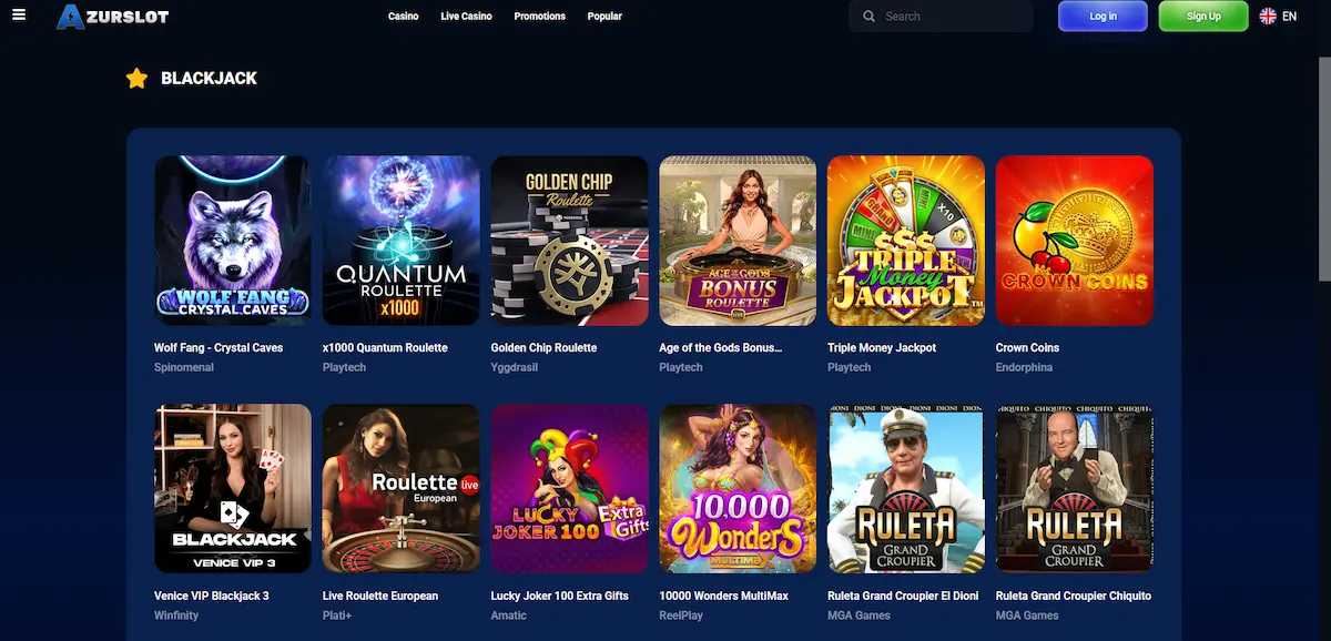 Stolní hra blackjack a ruleta v kasinové sekci Azurslot