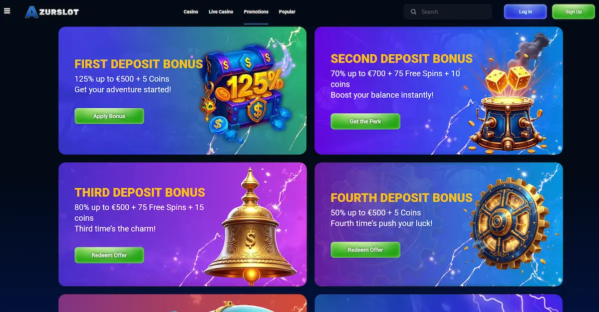 Přehled uvítacích bonusů Azurslot Casino k prvnímu až čtvrtému vkladu