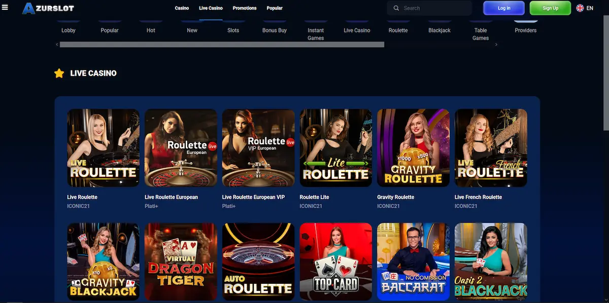 Živé casino Azurslot s rulety a stoly s krupiéry v reálném čase