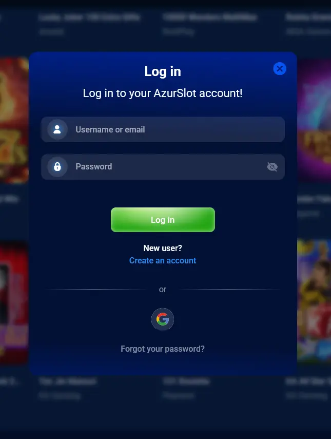 Přihlašovací formulář Azurslot Casino s možností přihlášení přes Google účet