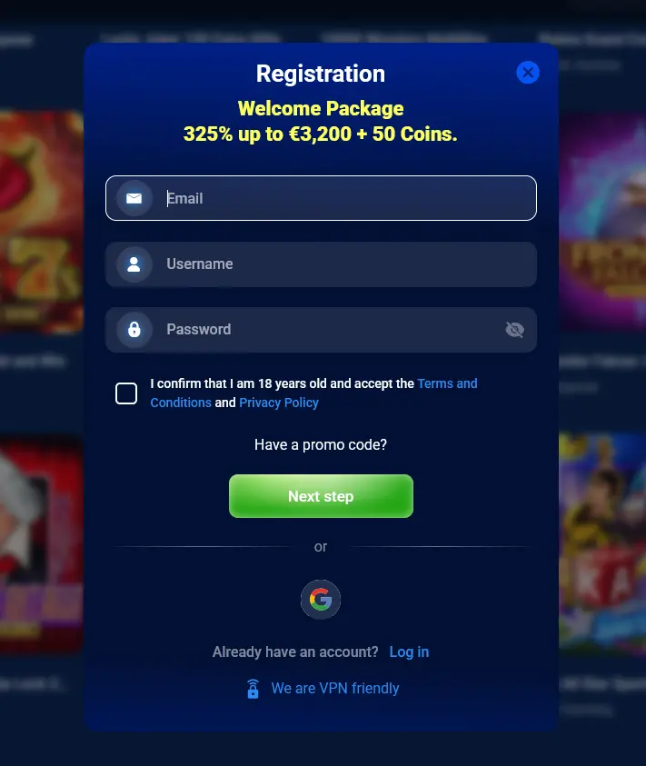 Registrační formulář Azurslot Casino s uvítacím bonusem a potvrzením věku 18 let